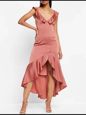 Ruffled High-Low Midi Dress in Dusty Rose